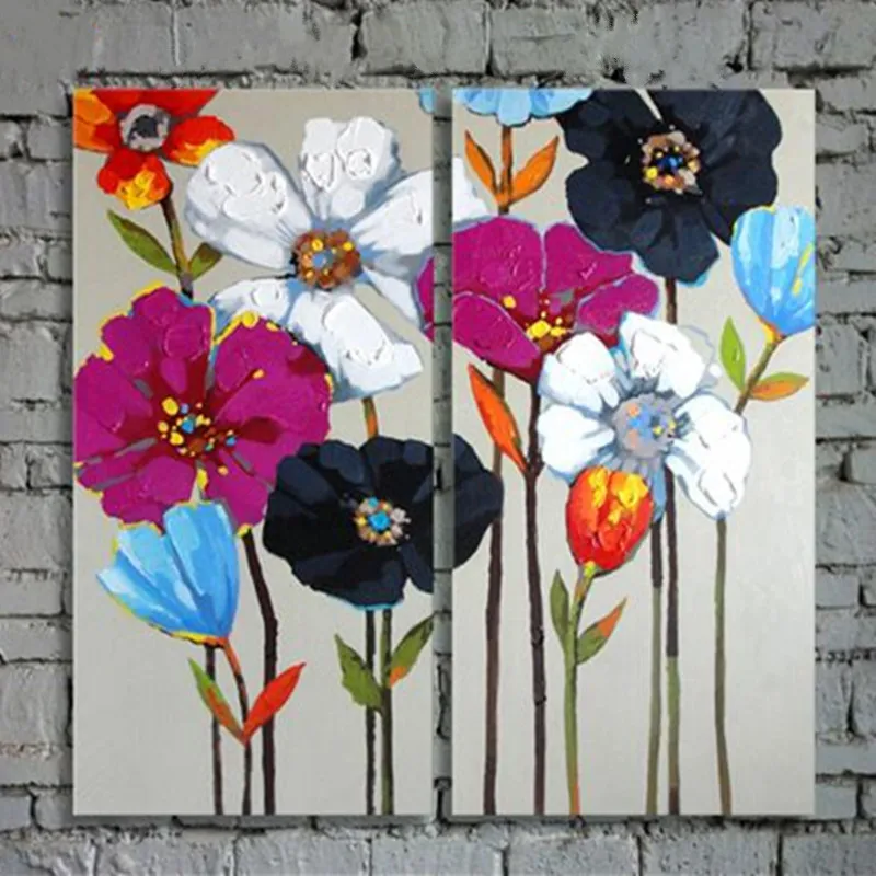 2 Piece Handpainted Canvas Acrylic Floral Paintings Sets Handmade