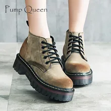2016 Autumn Suede Pigskin Shoes Women Ankle Boots Fashion Lacing Female Boots Flat Heel Martin Boots Women’s Platform Shoes