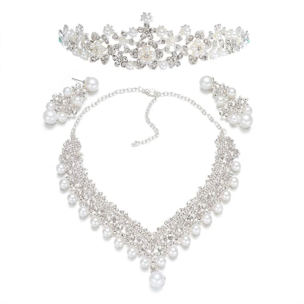 Frcolor Wedding Pearl Crown Tiara Flower Rhinestone Crystal Neckalce and Earrings Bridal Jewelry Sets (1)