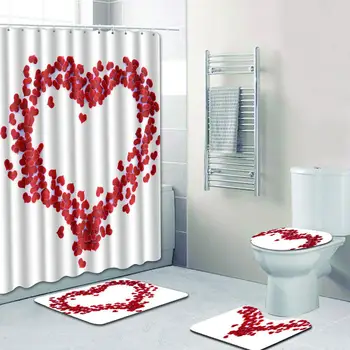 

4 piece Love heart set shower curtain Non Slip Toilet Polyester Cover Mat Set Bathroom Shower Curtain