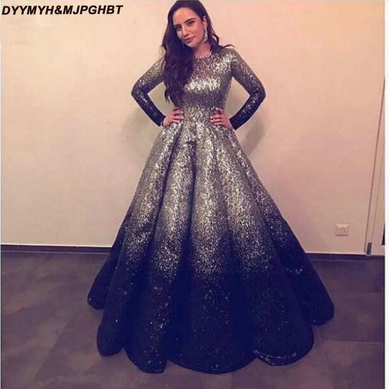 ong Sleeves Black and Silver Ball Gown Abendkleider Arabic Evening Dress 2018 Kaftan robe longue manche longue_