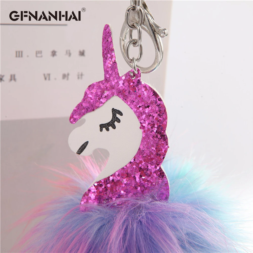 High Quality Anime Horse Toy Cute Metal Unicorn KeyChain Plush Toy Pendant Women Colorful hair ball Keyring Bag Hang Plush Toy