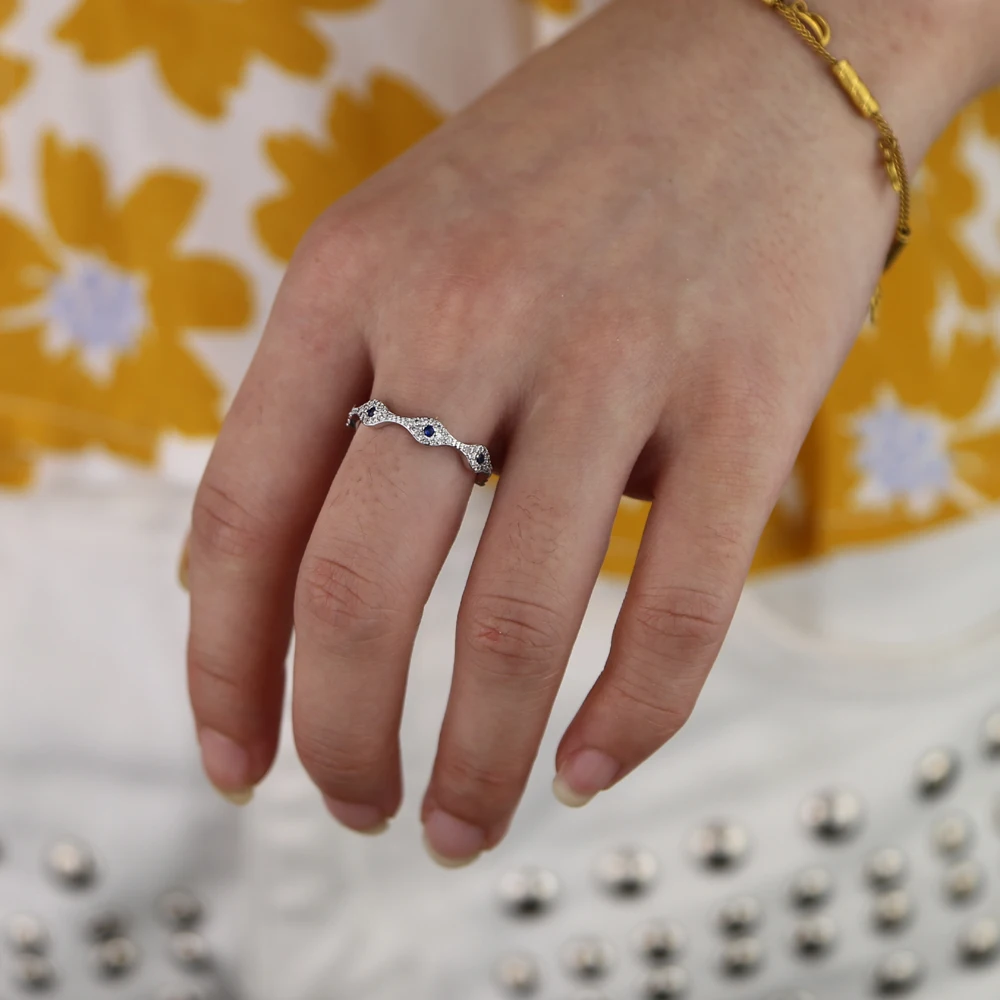 Red Green Blue Eye cute lovely turkish evil eye link engagement band silver cz finger rings stacking ring