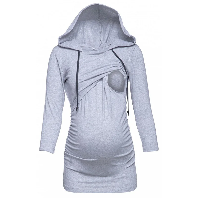 Беременных WomenClothes беременности и родам с капюшоном футболки рубашка для грудного кормления Беременность для беременных, с длинным рукавом Топы для кормящих - Цвет: Light gray