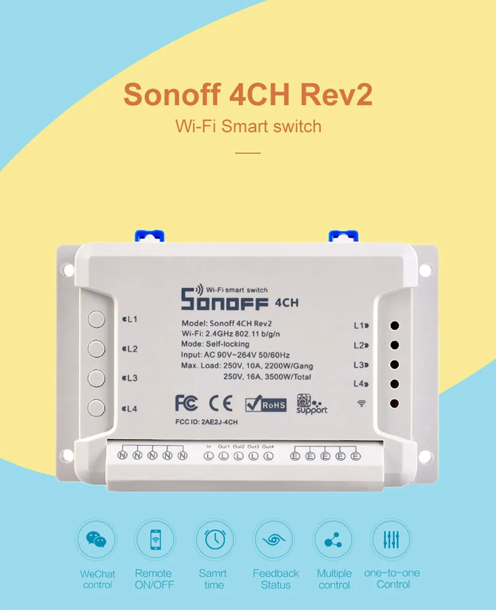 Sonoff 4CH Wifi умный светильник R2 версия 4 банда дистанционное управление приложение Ewelink 10А 2200 Вт работает с Alexa Google Home