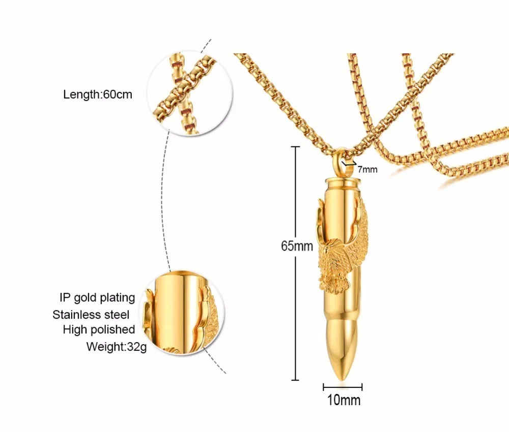 Мужское ожерелье с подвеской Bullet Hawk Wing Eagle из золота и нержавеющей стали, ювелирные изделия в стиле хип-хоп, 24 дюйма, цепочка