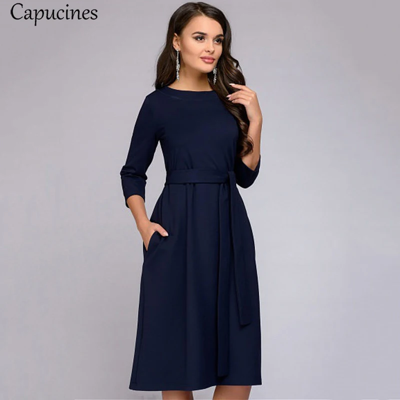 

Navy Blue 3/4 Sleeves Sashes Pockets Casual Dress 2019 Spring Summer Women Solid O-Neck Loose Mid-Calf Dresses Female Vestidos