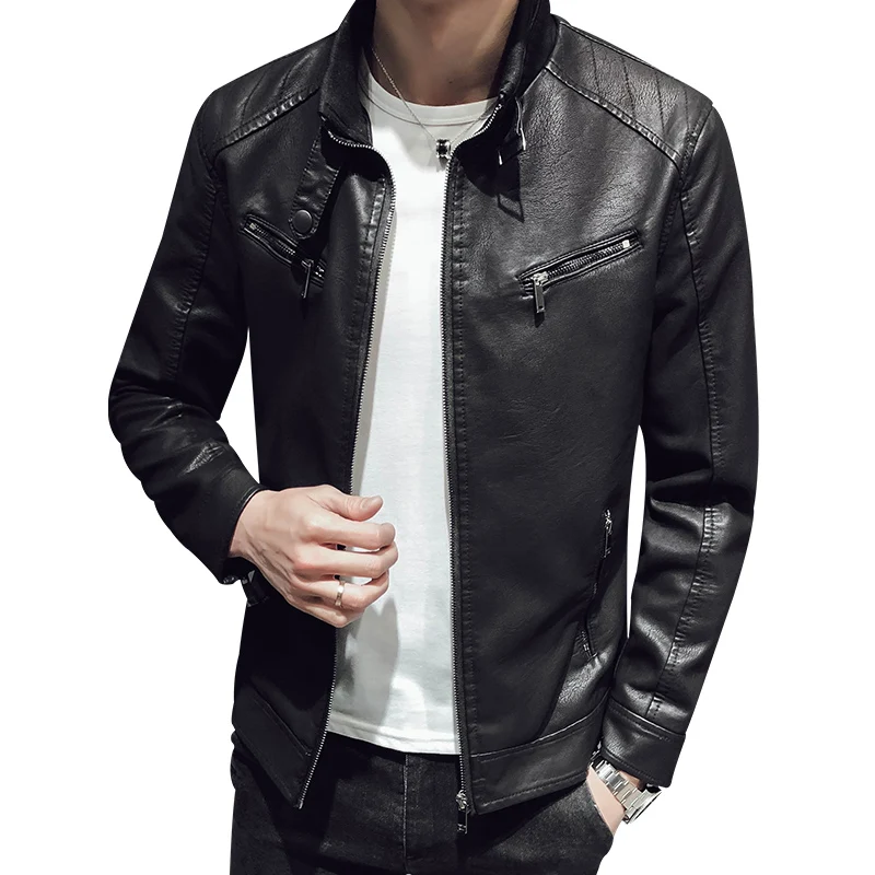  Men's Casual PU Slim Standing Collar Simulation Leather Coat Men Clothing Fashion Coats Male Motorc