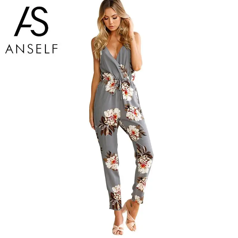 

Anself Women Jumpsuit Floral Print Spaghetti Strap Combinaison Femme Deep V Neck Sleeveless Backless Bandage Beach Holidaywear