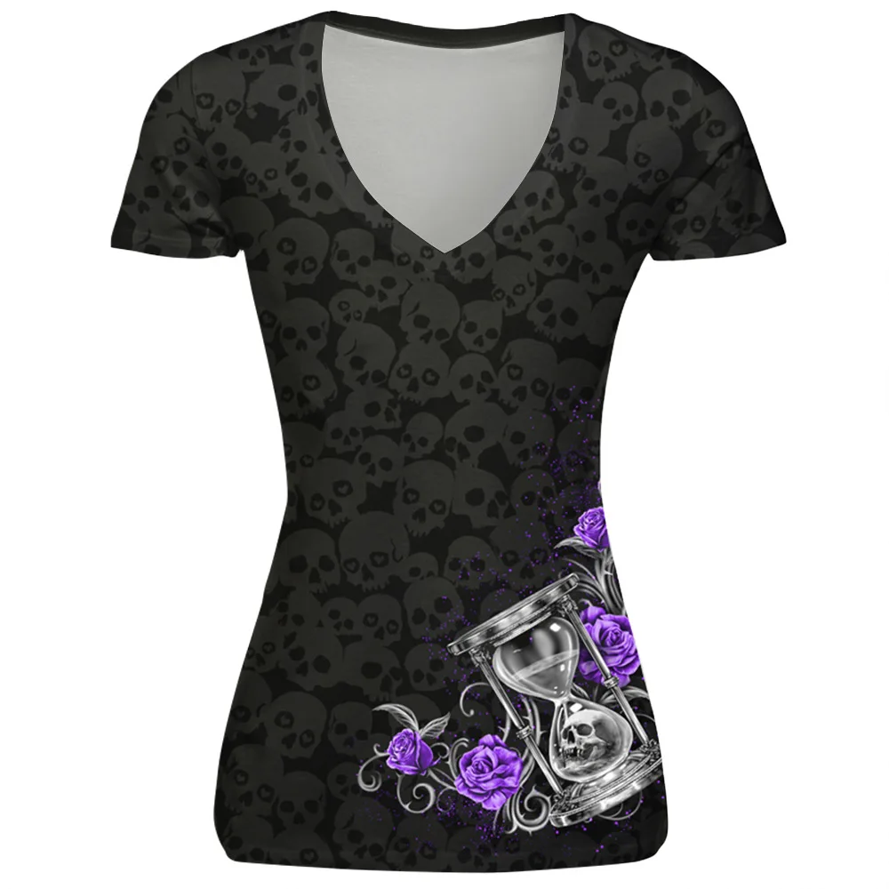 

Summer Women T Shirt 3D Skull Floral Punk Rock Tee Tops Sexy V Neck Short Sleeve T Shirts Fashion Tops