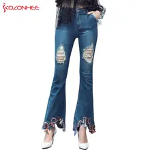 Эластичные рваные расклешенные джинсы с ручной вышивкой с высокой талией, эластичные рваные женские синие джинсовые брюки, расклешенные повседневные джинсы