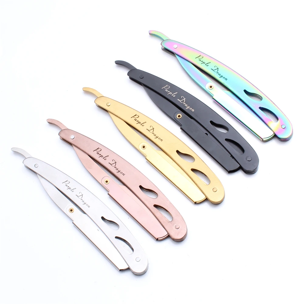 Dragão de Aço Ferramentas de Remoção de Cabelo de Barbear Lâminas de Barbear de Barbear Dobrável + Lâminas Roxo Borda Barbeiro Profissional Faca Z6102 100 Pcs 1 Lâmina de barbear