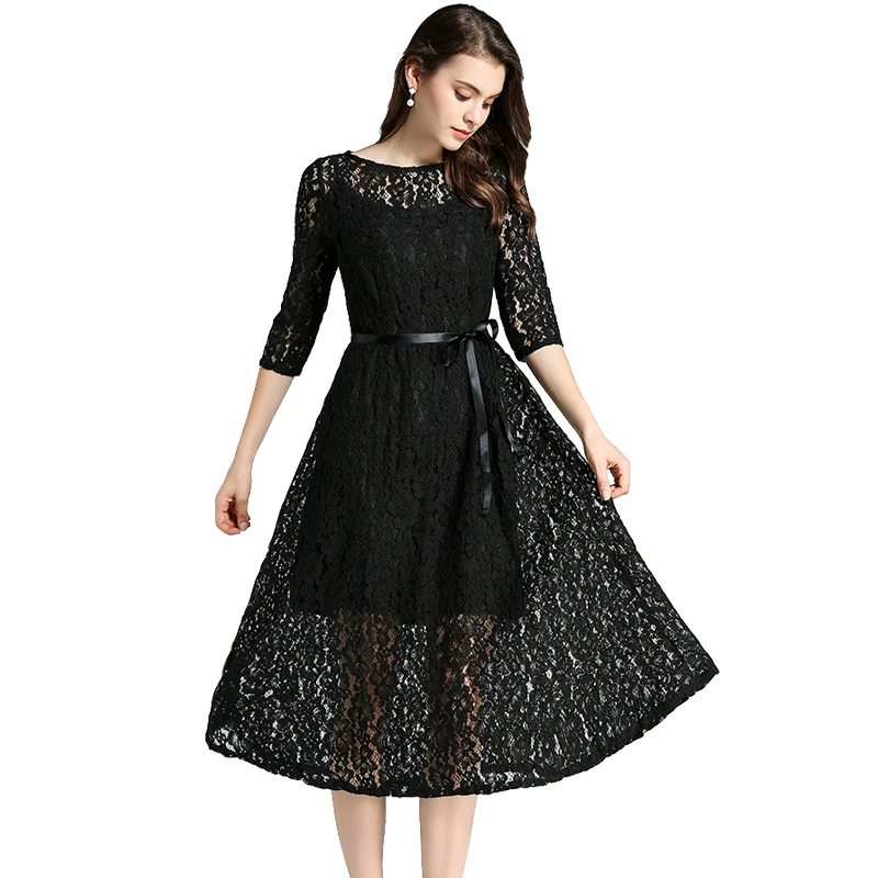 

Dress For Women 2019 Sexy Hollow Out Lace Dress Elegant Half Sleeve Maxi Evening Party Bridesmaids Dresses Female 2XL Black Blue