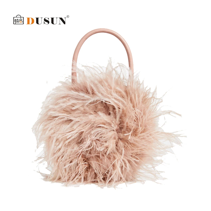 

DUSUN Winter Fur Women Top-handle Handbags Lady Luxury Purses Clutch Round Plush Feather Evening Party Bag Small Brand Chic Bags