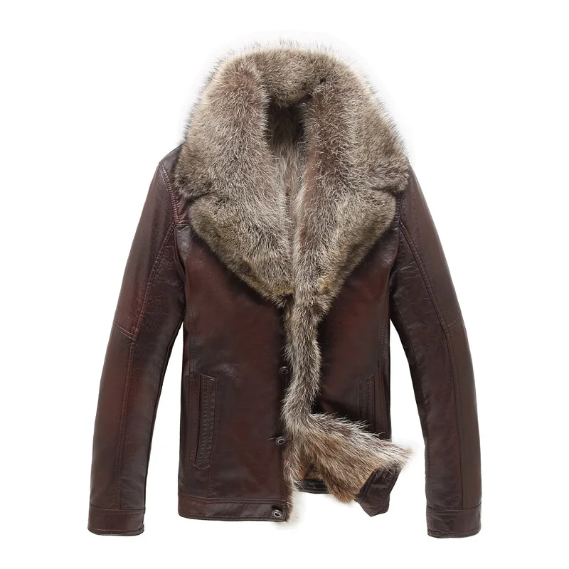 Зимние пальто из натурального меха енота, мужские зимние кожаные куртки, верхняя одежда из овчины, теплая верхняя одежда, пальто высокого качества, большие размеры, черные - Цвет: Коричневый
