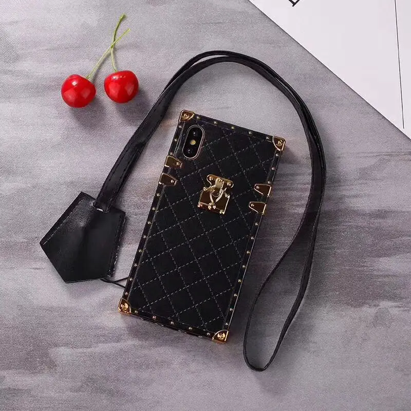 Fashion luxury Square case For iphone 6 6s 7 8 plus girl Plaid pattern PU Leather phone bag phone X 10 case cover with lanyard (3)