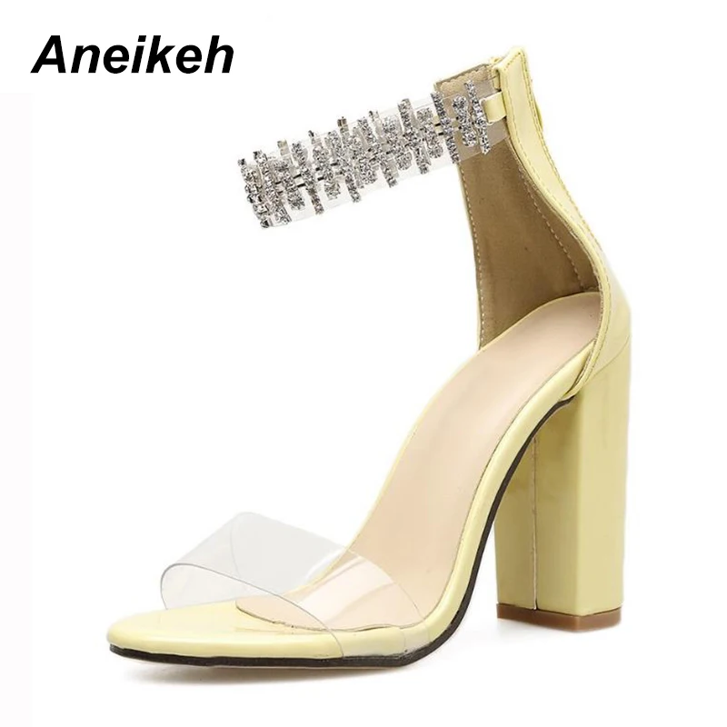 Aneikeh 2018 Women Rhinestone Crystal Block Heels Sandals Pumps Zipper Chunky Sandals Thick Heel Woman Summer Sexy Shoe