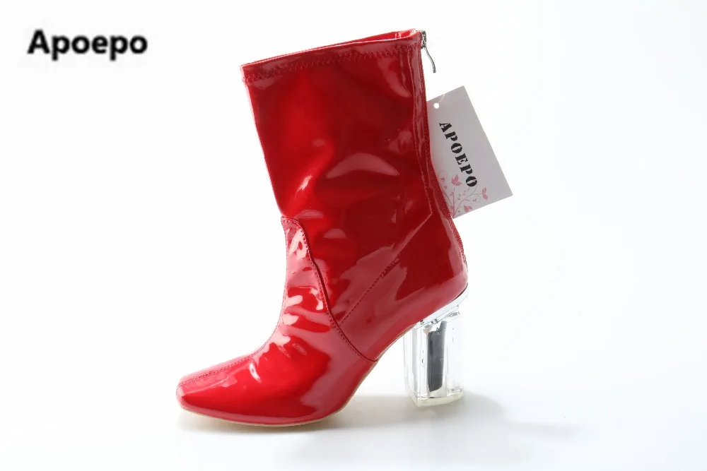 Apoepo brand red boots Transparent high heels boots women square toe mid-calf rainboots sexy ankle boots for women bottine femme moraima snc red boots transparent high heels boots women square toe mid calf rainboots sexy ankle boots for women bottine femme
