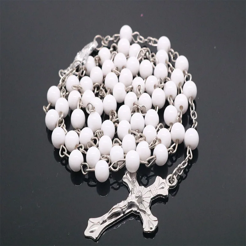 6mm white plastic rosary necklace beads long chain DIY necklace female