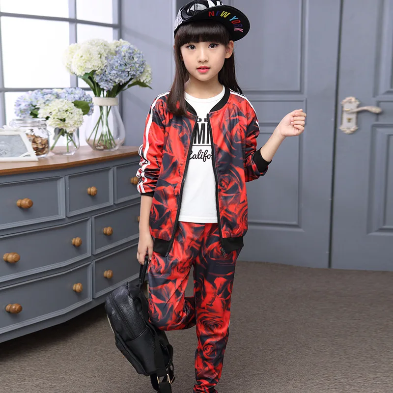 ФОТО 2016 The New Clothing Sets Leisure Suit Girls Fall Clothing Children Rose Two-piece Tide Children's Clothes Size 4-16