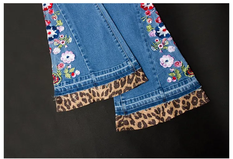 CatonATOZ 2227 женские модные джинсы средней высоты с высокой талией с вышивкой леопардовые эластичные расклешенные джинсы для женщин