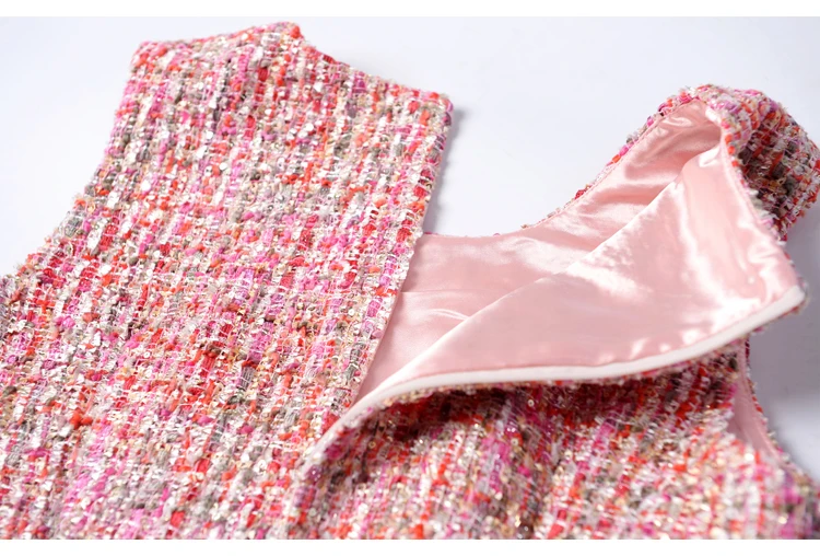 Розовый твидовый жакет+ платье, комплект из ткани с бусинами, весна/осень, женский костюм, платье знаменитостей, рыбий хвост, без рукавов, комплект из 2 предметов