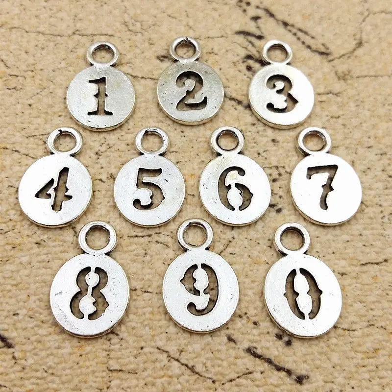 50pcs/lot Antique Silver Plated Numbers Charm Zinc Alloy Pendant