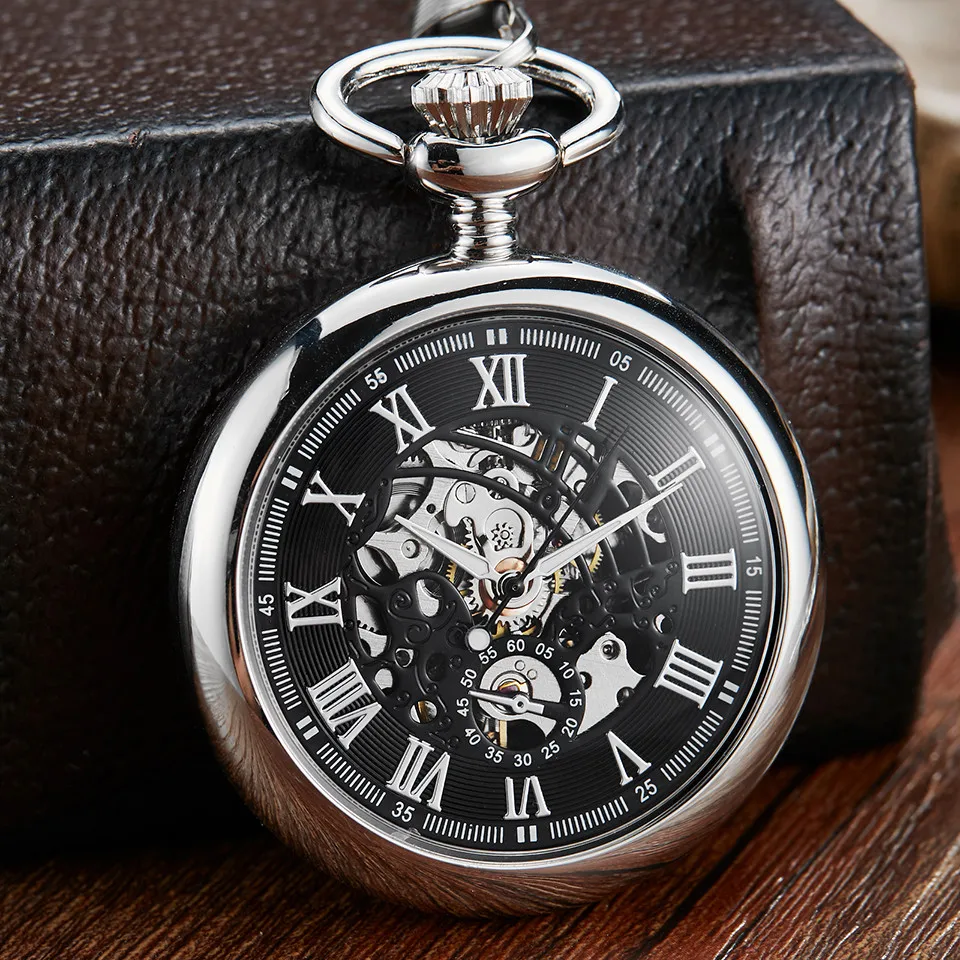 Reloj Mecánico de plata Lisa Reloj de bolsillo mecánico para hombre, esfera con mecanismo al descubierto, números romanos únicos, Steampunk, cadena FOB