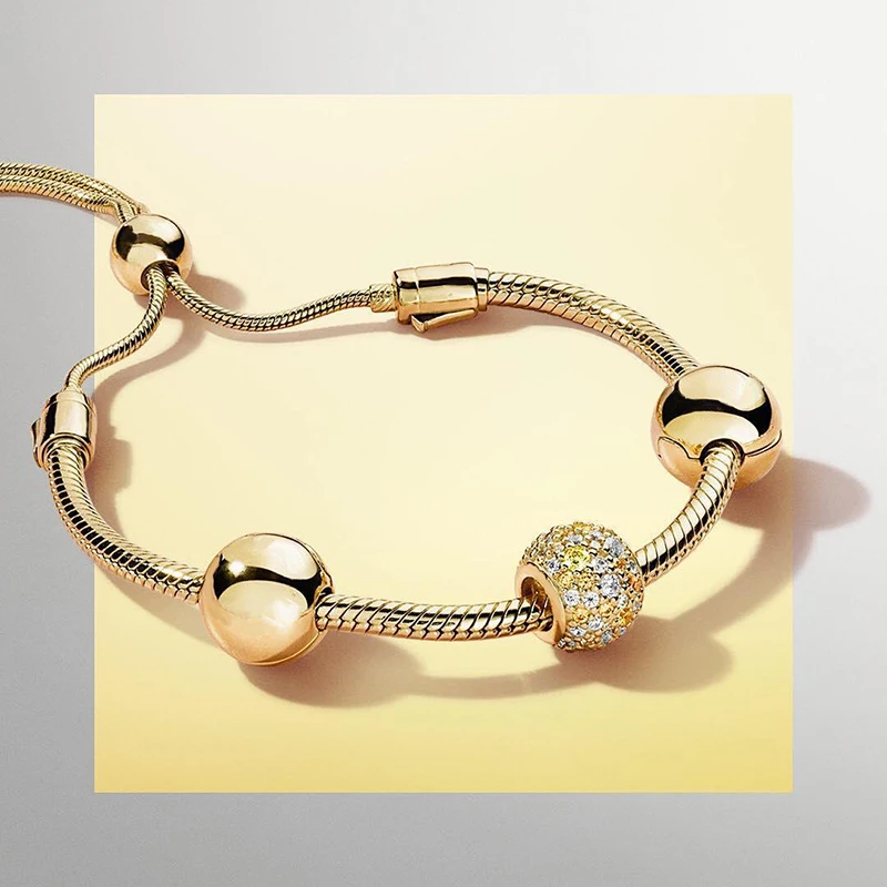 

2018 NEW 100% 925 Sterling Silver 18 Gold Shine Twinkle Bracelet Sunshine Charm Bead Bracelets Set Fit Women Jewelry Gift