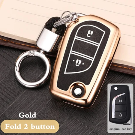 Чехол для ключей для Toyota CHR Auris Corolla Camry Prado Fortuner RAV4 Avensis Verso Yaris Aygo Scion TC IM Hilux - Название цвета: Fold 2 button gold