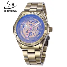Shenhua retro bronze esqueleto relojes mecánicos relojes de los hombres de la vendimia de los hombres automático auto viento reloj relogio masculino