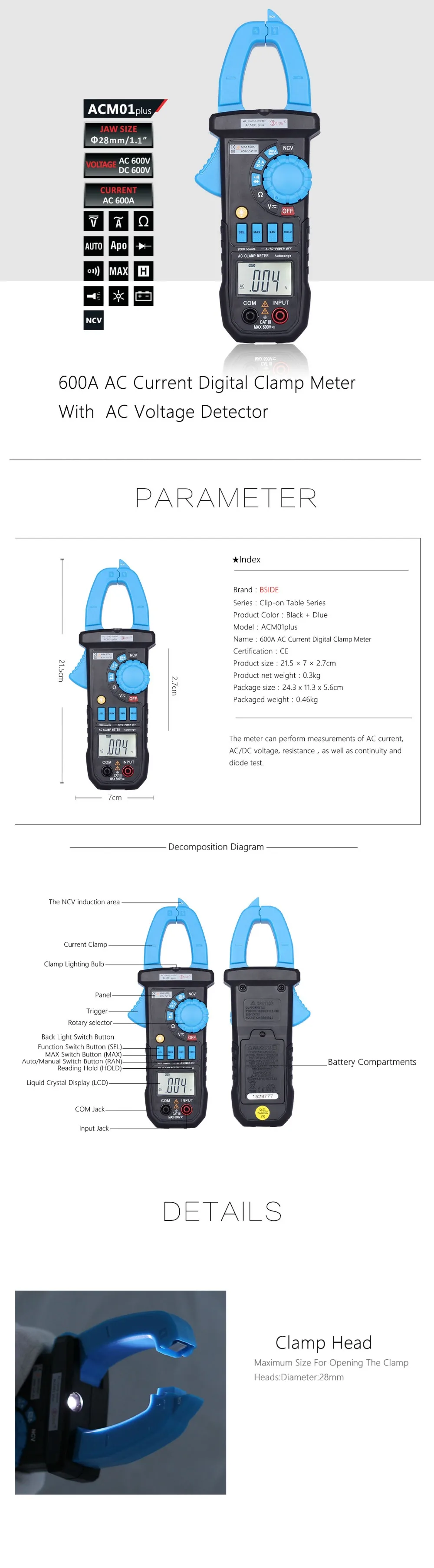 BSIDE ACM01 Plus 3 1/2 600A Авто Диапазон Цифровой клещи бесконтактный Тестер переменного тока мультиметр и зажим освещение подсветка