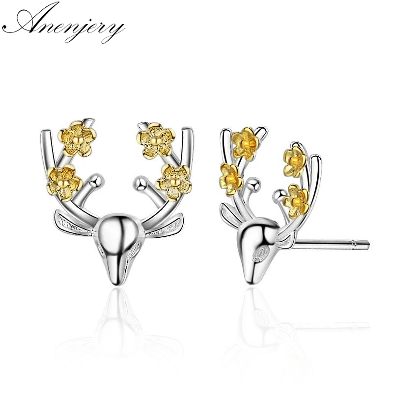 

Anenjery Hot Sale 925 Sterling Silver Jewelry Antler Deer Elk Stud Earrings For Women Christmas Gift boucle d'oreille S-E632