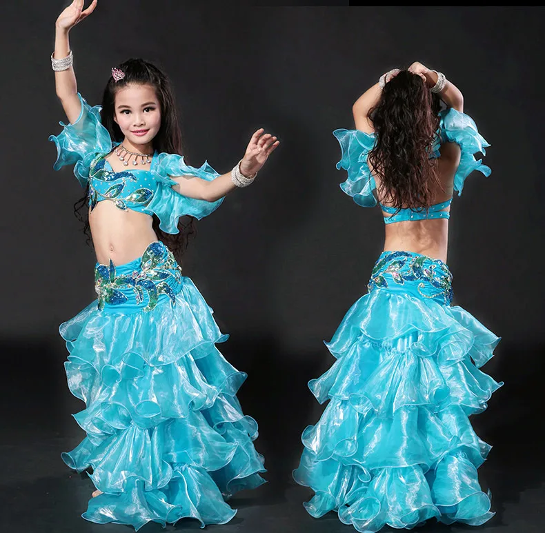 

New Child Belly Dance Costume 3-Piece Set Luxury Bollywood Girl Arabic Princess Party Dancewear Red Purple Yellow Free Shipping