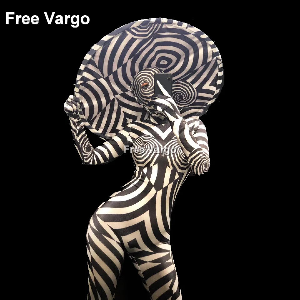 Sexy Singer Stage Wear Jumpsuit Printed Zebra Pattern Bodysuit Nightclub Party Show Dancewear Dj Costume For Women (With Hat)
