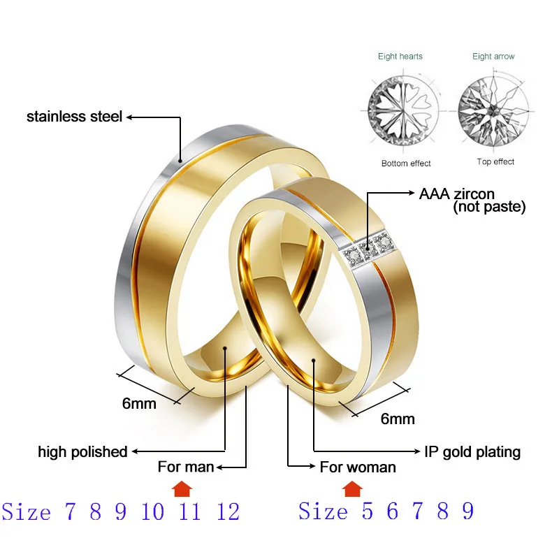 Meaeguet 1 Pair Wedding Ring Set for Couple Gold-color Stainless Steel CZ Female Male Jewelry