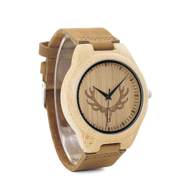 BOBO BIRD WM08 Mens Deer Head Design Buck Bamboo Wooden Watches Luxury Wood Watches With Soft Leather Strap for Men Women