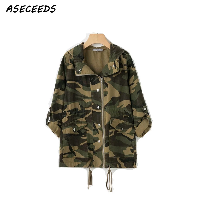 Fall plus size military army green camouflage jacket women oversized