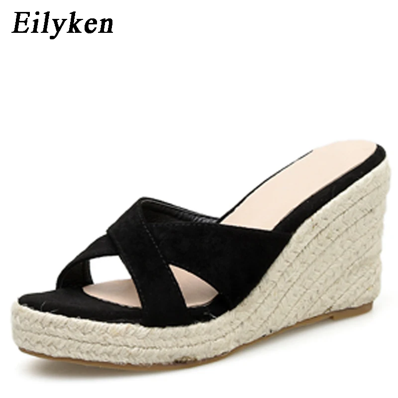 Eilyken/Женские повседневные сандалии на танкетке; новые модные сандалии в римском стиле с открытым носком и соломенной тесьмой; женские пляжные сандалии; размеры 34-39 - Цвет: black