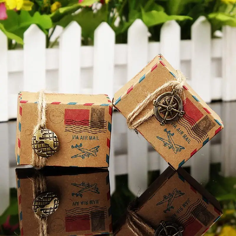 12 PCS Kraft DIY Vintage Inspired Airmail Favor Box Candy Box Gift Box Kit Wanderlust Travel