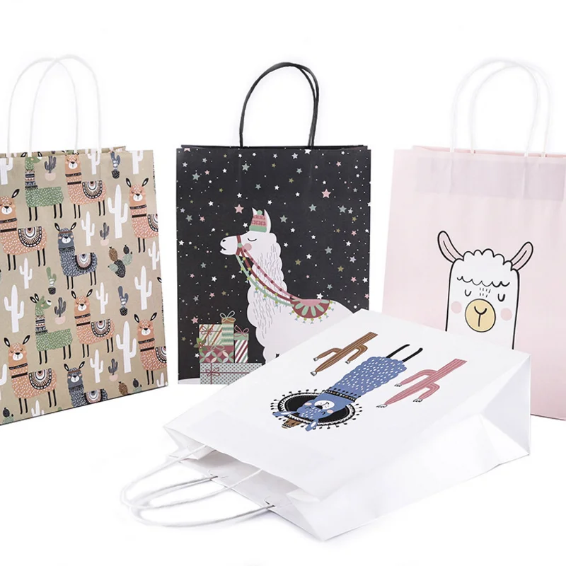 

4 pcs/set new Hot sale Alpaca Gift paper Bag With Handles Cartoon animals sheep fashion Wedding Party New year Beauty Gift Bag