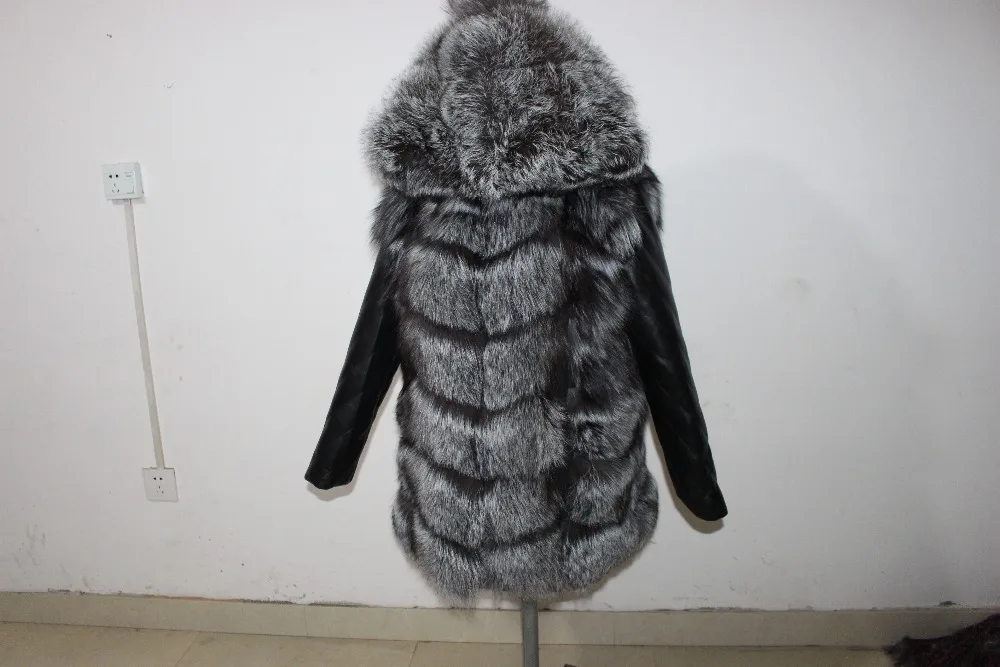 Linhaoshengyue зимнее модное женское пальто из меха серебристой лисы с кожаными пуховыми рукавами