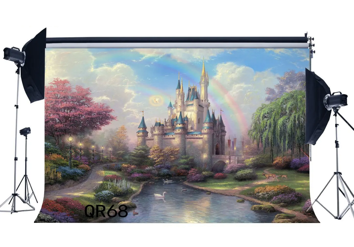 

Photography Backdrop Fairytale Castle Dreamlike Green Pool Rainbow Blue Sky Fantasy Backdrops Seamless Background