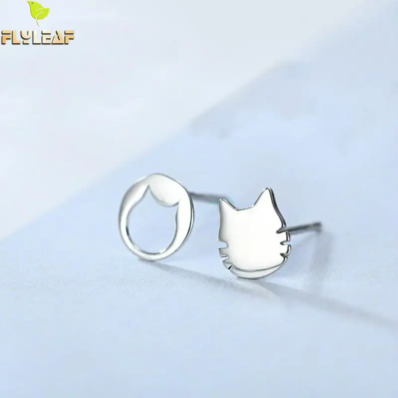 

Flyleaf 92 Sterling Silver Asymmetry Cat Stud Earrings For Women Prevent Allergies Personality Fashion Lady Jewelry