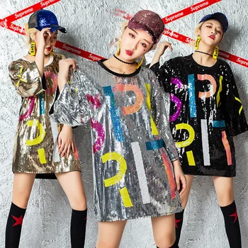 

2019 Jazz Costume Sequined Short Sleeved T-Shirt Dress Women Street Dance Clothes Sequin Outfit Ladies Hip Hop Dance Wear DN2930