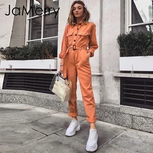 JaMerry Vintage casual cargo cotton women's jumpsuit Sashes orange pocket sports jumpsuit overall Solid autumn winter romper