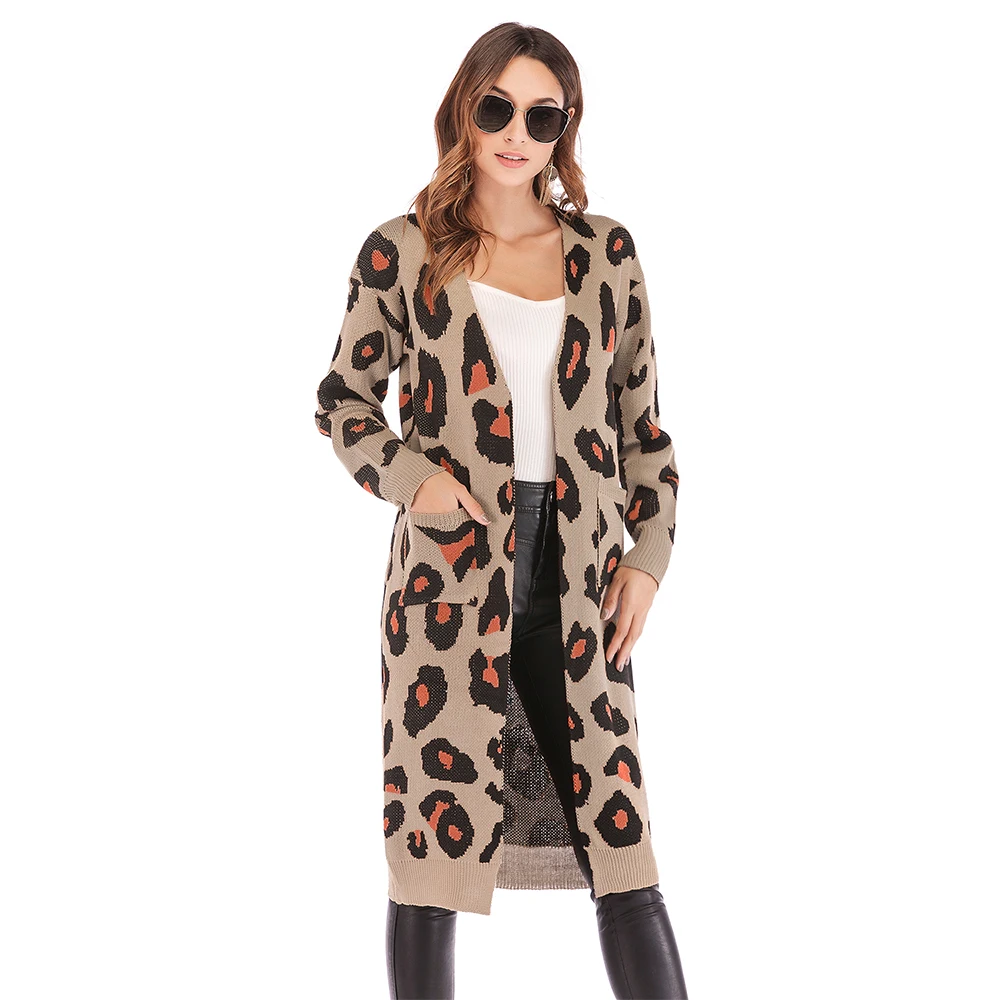 

2019 Women Spring Summer Leopard Cardigan Long Section Sweater Fashion Causal Loose Tops Knitting Christmas Pattern Sweater