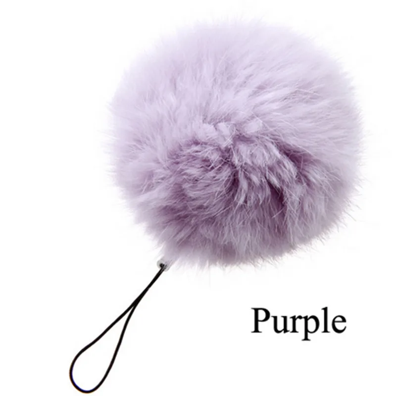 8CM Genuine Purple Colors Rabbit Fur Ball Keychain Rhodium Plated Fur Ball Keyring Women Key