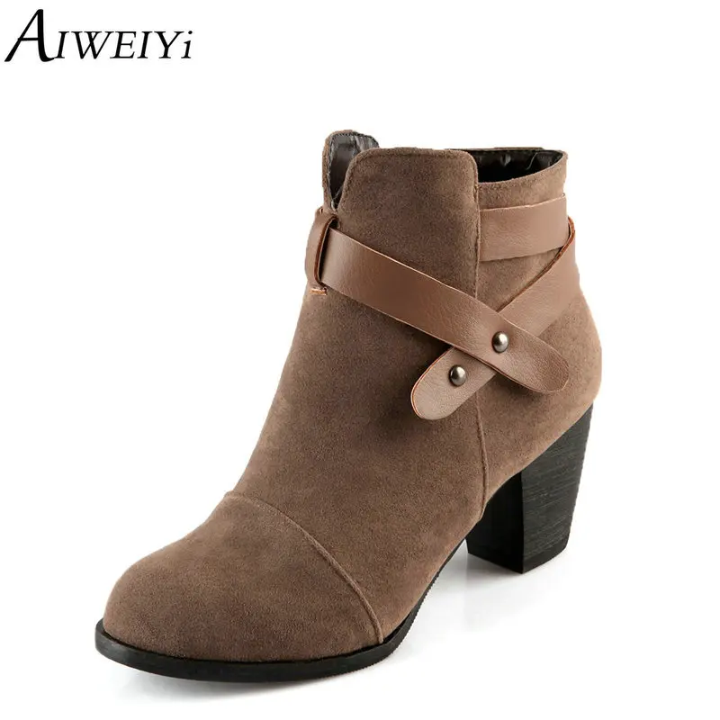 

AIWEIYi Flock High Heels Ankle Boots Black Round toe Belt Buckle Design Short Boots Autumn Winter Martin Boots