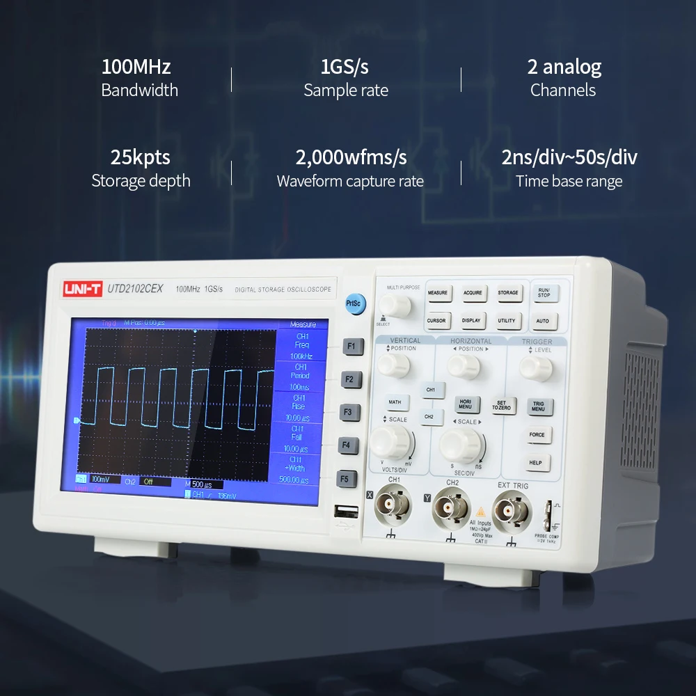 

UTD2102CEX 1GSa Digital Storage Oscilloscope 7" LCD 800*480 100MHz Dual-Channels USB OTG Interface